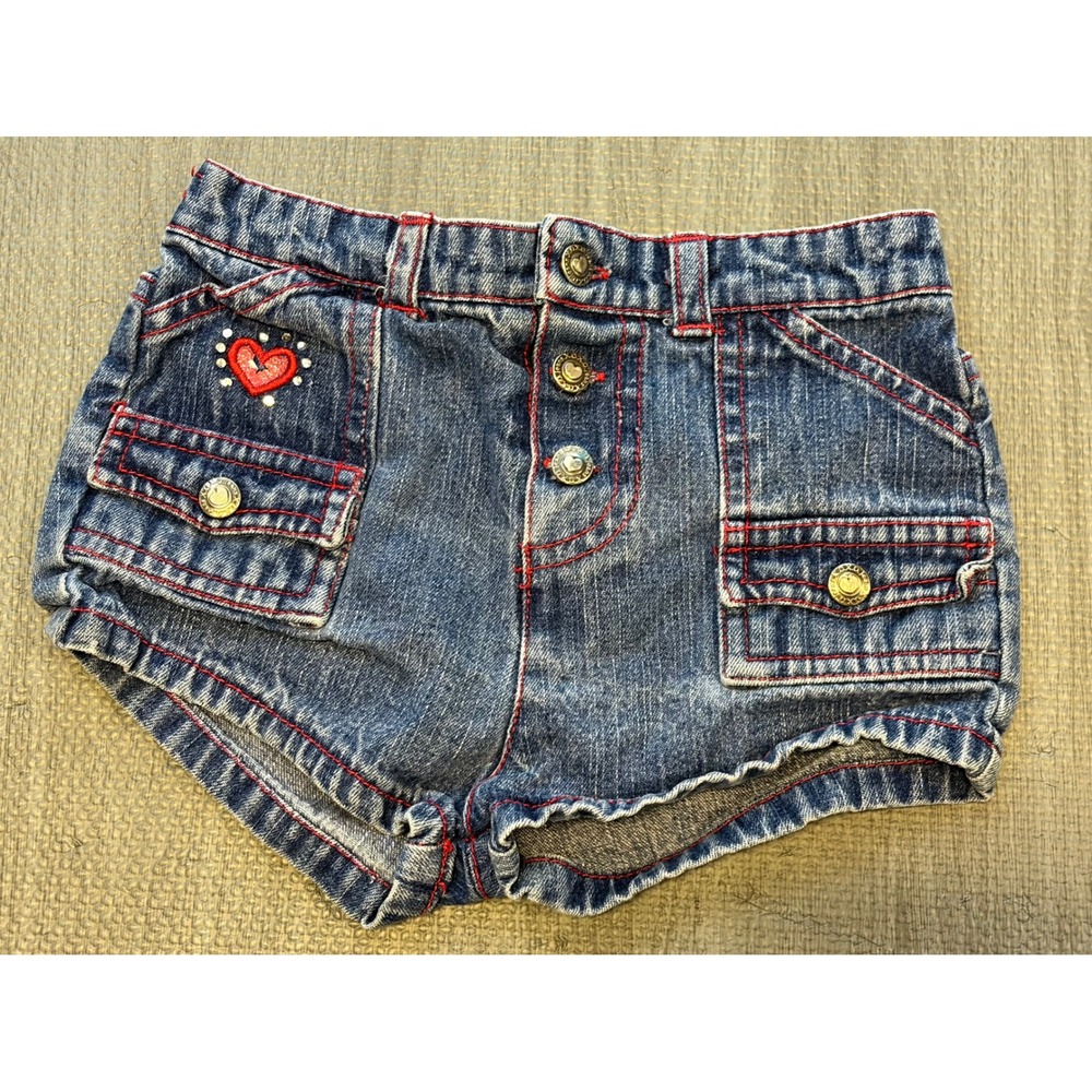 OXOX Denim Shorts 18M Blue Heart Embroidery Y2K Bloomers Stretch Cargo 90s Baby